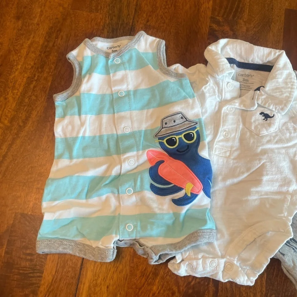 Bundle of 4 3 month baby onesie one pieces stripes trucks blue yellow white